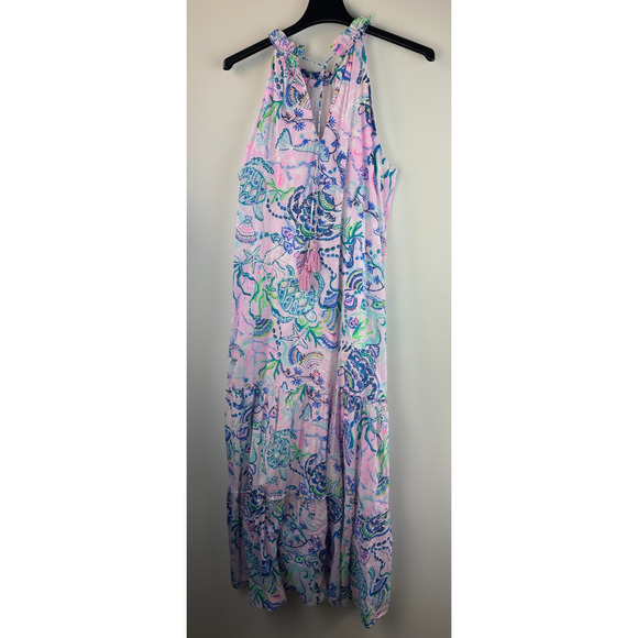 Lilly Pulitzer Everly Maxi Dress Mermaid Halter Ruffle Pink Sleeveless Size XL - Picture 7 of 16
